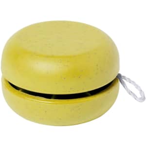 A yellow yoyo with a smooth surface and a white string attachment. It has a rounded, compact design.