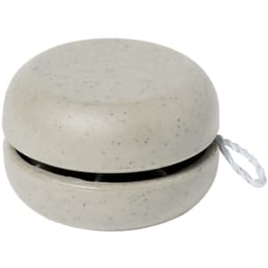 A light beige yoyo with a speckled design, featuring a string for use and a circular shape.
