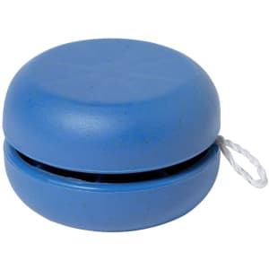 A blue yo-yo with a smooth surface and string attached, suitable for fun and games.