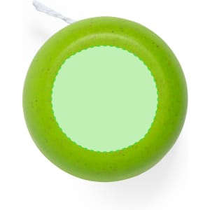 A green yoyo with a smooth surface and a string attached, featuring a blank centre.