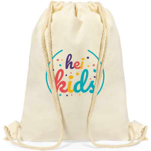 A drawstring bag in cream colour with a bright logo featuring the words "hei kids" surrounded by colourful dots.
