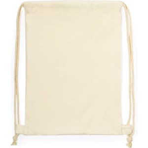 A drawstring backpack in a light cream colour with beige cords for closure. Features a simple, unbranded design.