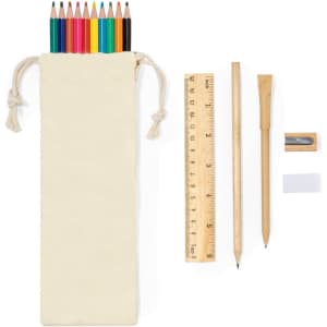 A fabric pouch containing eight coloured pencils, a ruler, a wooden pencil, a sharpener, and an eraser.