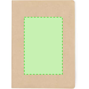 A kraft notebook with a light green rectangular space on the cover, featuring a branding logo at the bottom.