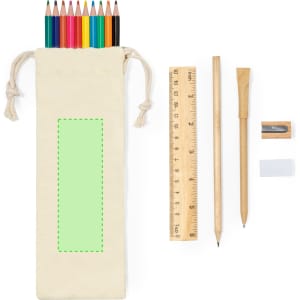 A canvas pouch containing eight coloured pencils, a wooden ruler, a pencil, a sharpener, and an eraser.