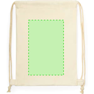 A drawstring bag in a natural tone with an empty green rectangular design area.