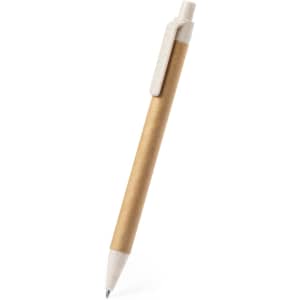 A bioplastic pen with a brown barrel and a white clip, featuring a small branding logo.