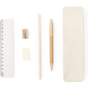 A set of writing tools including a wooden pencil, sharpener, ruler, eraser, and a storage case, all in neutral tones.