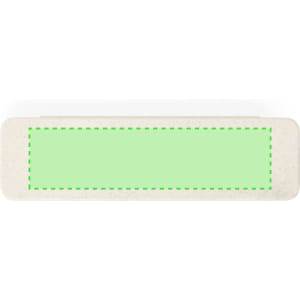 A rectangular notepad with a green surface and a beige border, featuring a logo.