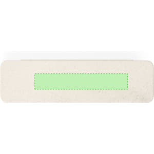 A rectangular writing set in a light cream tone with a green accent. Contains a logo on the front.
