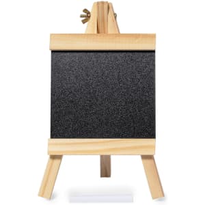 A small black whiteboard on a wooden easel, with a white marker placed beneath it. The frame is natural wood.