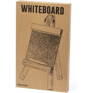 A whiteboard in a cardboard package, featuring a simple easel design. The package has a logo.