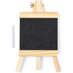 A black whiteboard on a wooden easel with a white chalk piece beside it. The board has a logo on the top.