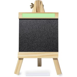 A small black whiteboard with a wooden easel stand and a green header, featuring a logo on the top.