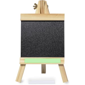 A black whiteboard with a wooden frame and easel stand, featuring a green strip at the bottom.