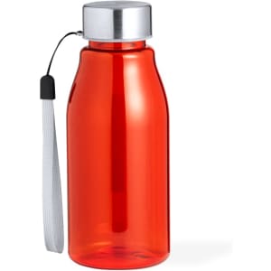 A drink bottle in vibrant red with a silver lid and a grey strap, featuring a logo.