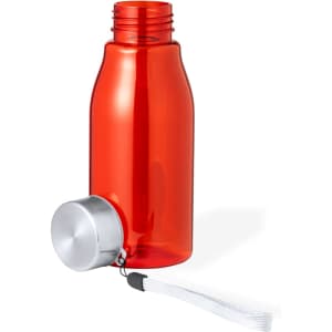 A drink bottle in transparent red plastic with a silver metallic cap and a white strap.