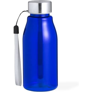 A drink bottle in vibrant blue with a silver cap and a grey strap, featuring a logo.
