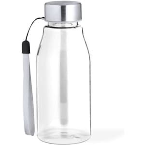 A drink bottle with a transparent glass body, silver lid, and a grey strap. It features a sleek, modern design.