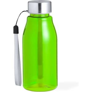 A green drink bottle with a silver cap and a grey strap, featuring a logo.