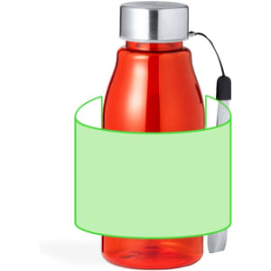 A drink bottle in vibrant red with a silver lid, featuring a carrying strap and a logo.