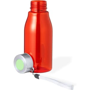 A drink bottle in vibrant red with a metallic silver cap and a white strap. It features a logo.