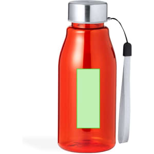 A drink bottle in vibrant red with a silver lid and a strap, featuring an empty green label area.