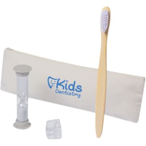 A bamboo toothbrush, an hourglass timer, and a dental floss container in a zippered pouch featuring a logo.
