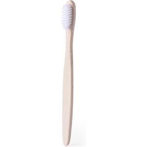 A bamboo toothbrush with a sleek wooden handle and soft white bristles, ideal for eco-friendly oral hygiene.