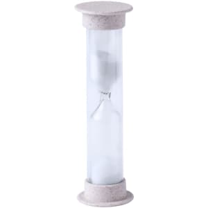 A stylish hourglass with a speckled light grey casing and white sand inside. Features a minimalist design.