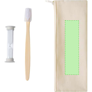 A bamboo toothbrush, an hourglass timer, and a natural-coloured fabric pouch with a logo.