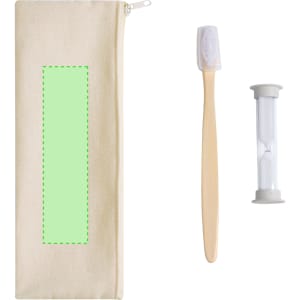 A natural-coloured pouch with a toothbrush, a timer, and an area for branding.