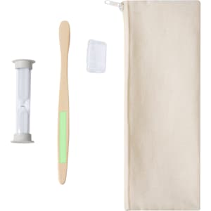 A beige pouch containing a wooden stick, a timer, and a small container. The items are arranged neatly.