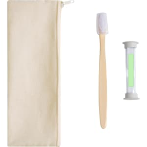 A natural-coloured pouch contains a wooden toothbrush and a small toothpaste tube.