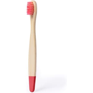 A bamboo toothbrush featuring a wooden handle and bright red bristles. It has a red tip on the handle.