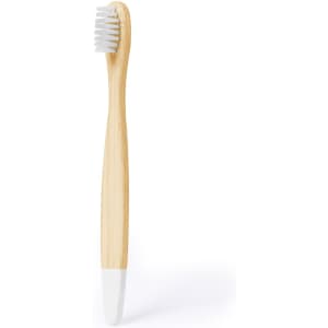 A bamboo toothbrush with a white bristle head and a white tip on the handle. It has a natural wood finish.