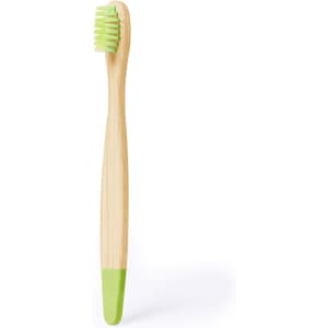 A bamboo toothbrush with light green bristles and a green tip, featuring a natural wood handle and a logo.