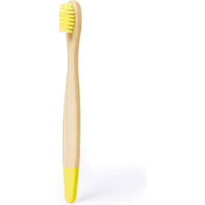 A bamboo toothbrush with a yellow bristle head and yellow accent at the base. It features a smooth, natural finish.