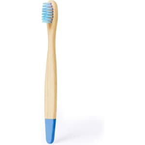 A bamboo toothbrush with a blue handle and light blue bristles, featuring a logo.