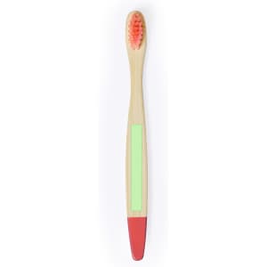 A toothbrush with a bamboo handle, red bristle tips, and a red base. It features a branding logo on the handle.