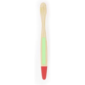 A bamboo toothbrush featuring a red tip and a green section on the handle, with a branding logo.