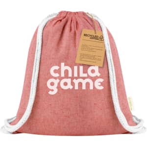A red drawstring bag made from recycled cotton with a white rope closure and a hanging tag. It features a logo on the front.