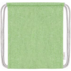 A green drawstring bag with contrasting rope handles and a simple design. Includes a small logo at the bottom.