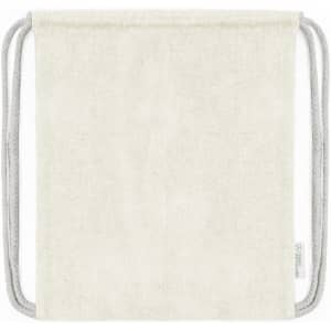 A cream drawstring bag with grey cords and a small logo on the side.