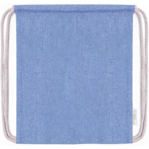 A blue drawstring bag with pink ropes, featuring a simple design and a small logo.
