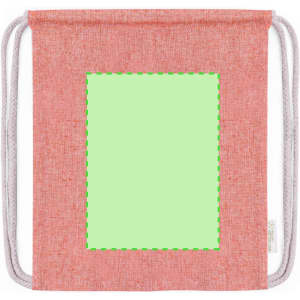 A pink drawstring bag with a blank green square area, featuring white drawstrings and a visible branding logo.