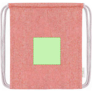 A pink drawstring bag featuring a green square patch and light grey drawstrings. It has a branding logo.