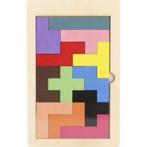A wooden puzzle with various shaped pieces in colours like purple, red, yellow, and blue arranged inside a rectangular frame.