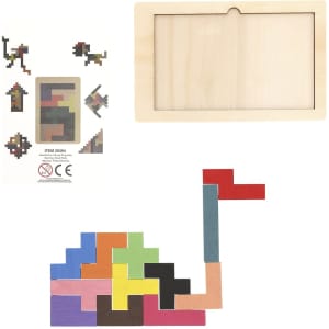 A wooden puzzle featuring colourful pieces arranged to form a snail shape, with a wooden frame and additional designs.