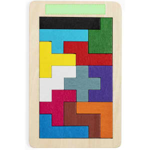 A wooden puzzle featuring vibrant coloured pieces in various shapes, arranged on a light wooden base.